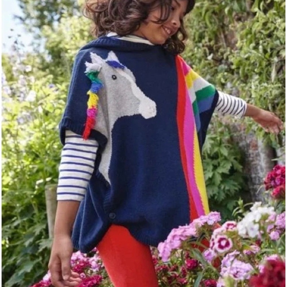 Mini Boden Girls Unicorn Rainbow Hooded Poncho Sweater Blue Size M Medium